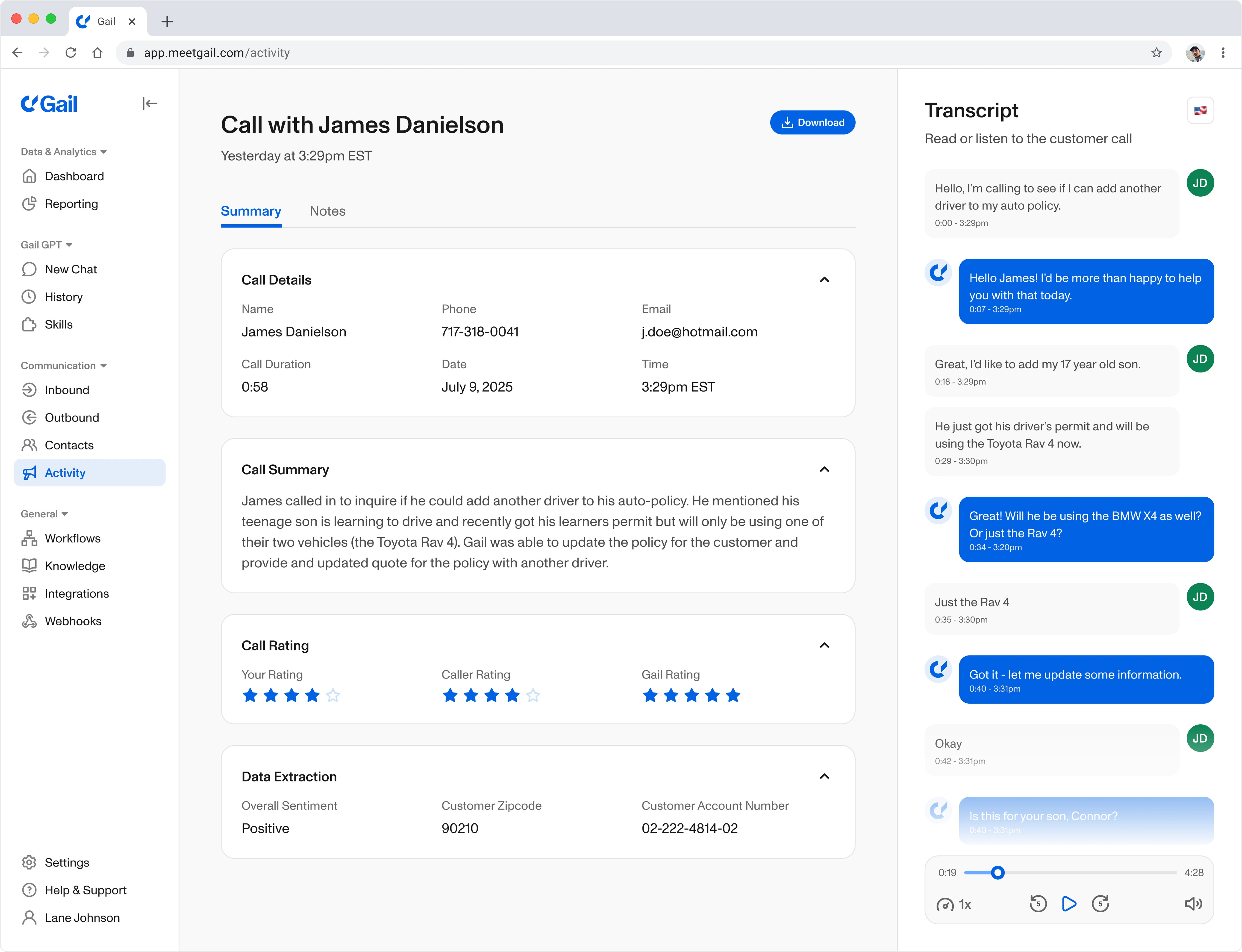 Gail activity dashboard showing a call summary, ratings, and transcript with James Danielson