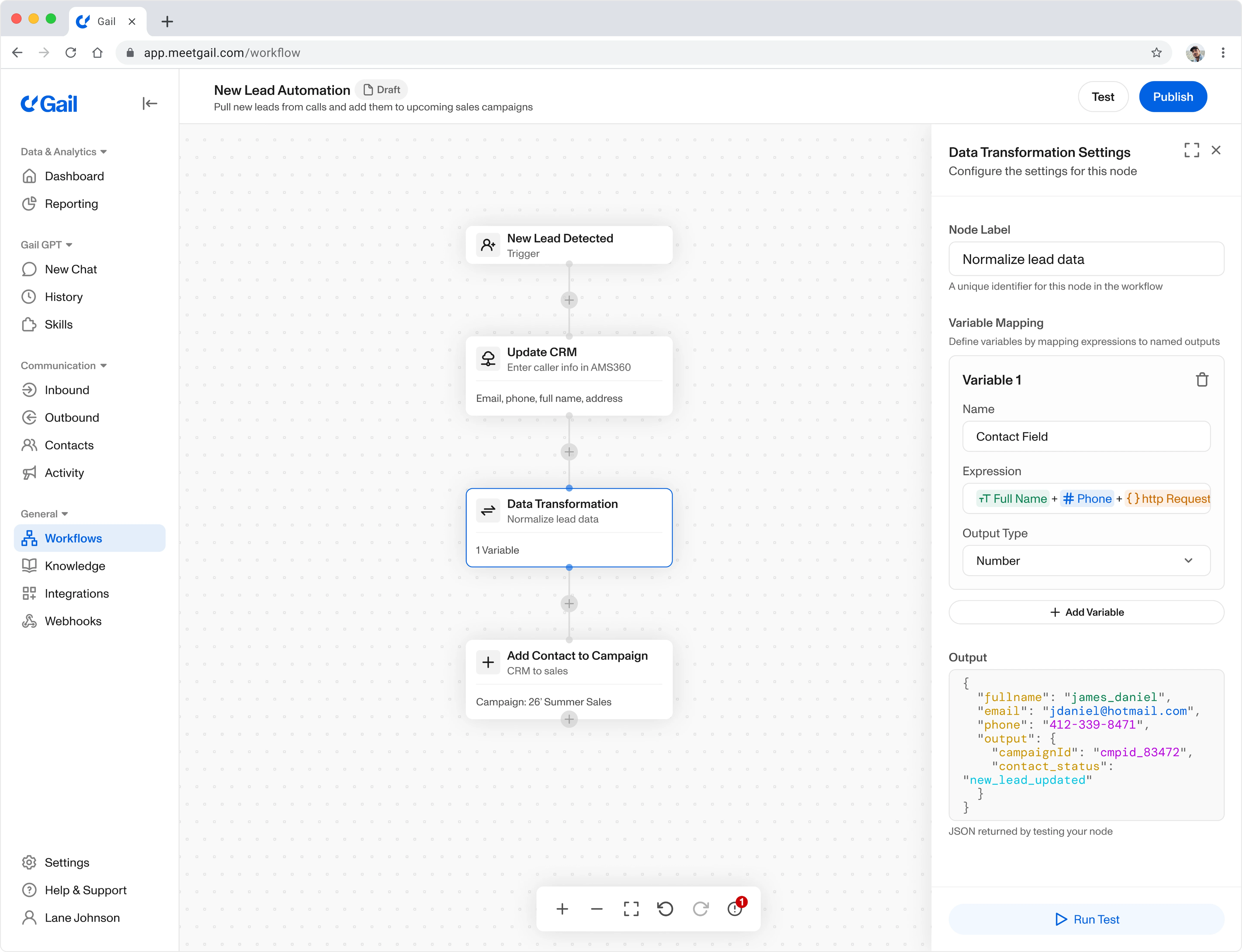 Gail workflow builder automating a new lead from CRM update through campaign enrollment